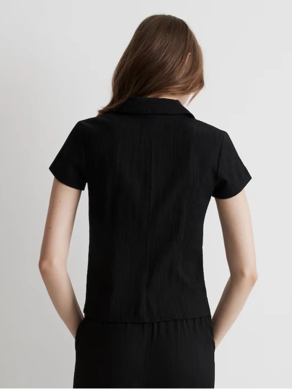Madewell Notched V-Neck Button-Up Top Short Sleeve Black Size Medium NL056 - Picture 5 of 14